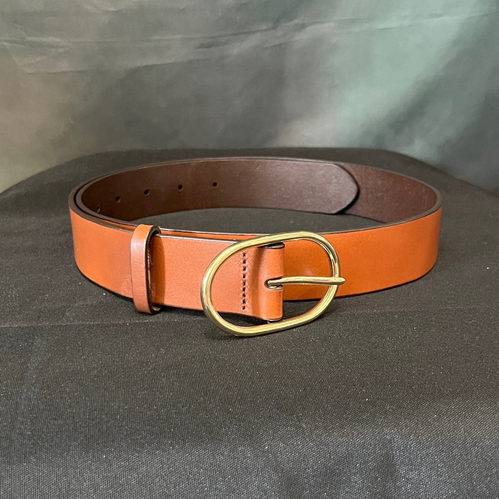J.Crew Womens Cognac Brown Genuine Leather Belt Gold Oval Buckle XS/S BJ919
